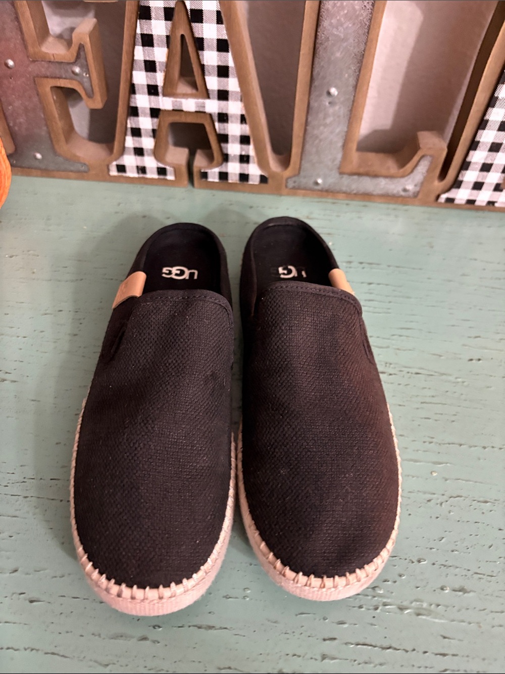UGG Wos Black Canvas Slip-On Loafers with Tan Accent